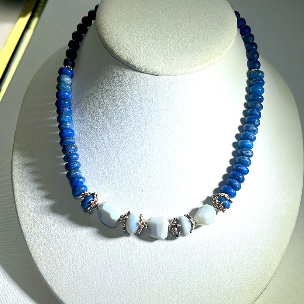 Necklace, blue opal sterling denim agate sterling silver extender chain, New 17”